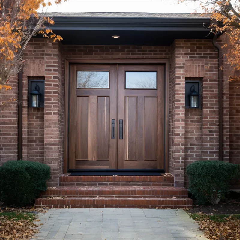 Classic double wood front doors with windows