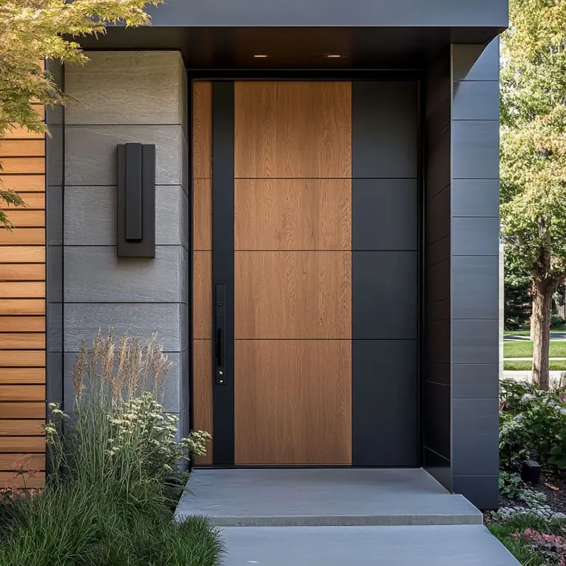 Contemporary wood and black panel exterior door