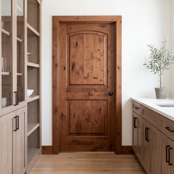 Dark stained knotty alder 2-panel arched interior door
