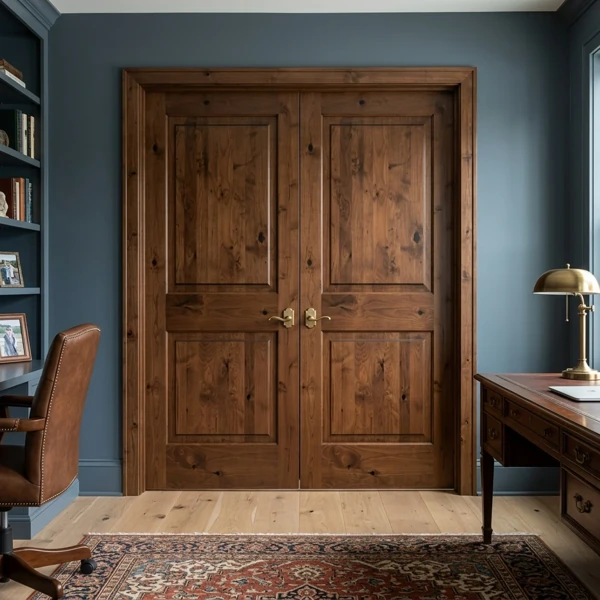 Dark walnut knotty alder 4-panel double interior door