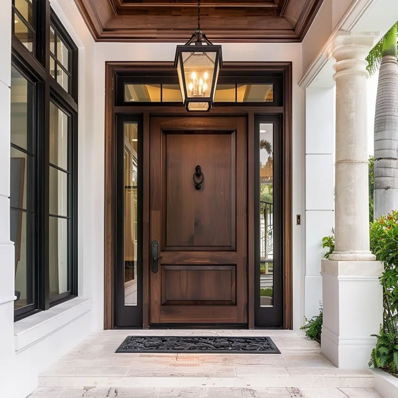 Elegant dark wood front door with sidelights and knocker