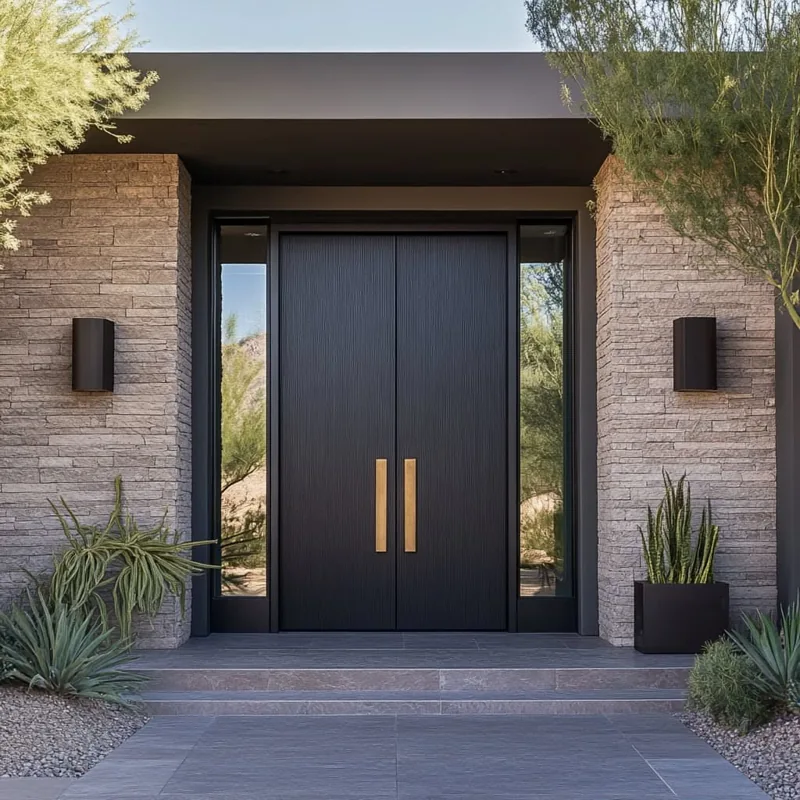 Minimalist black double doors with gold hardware