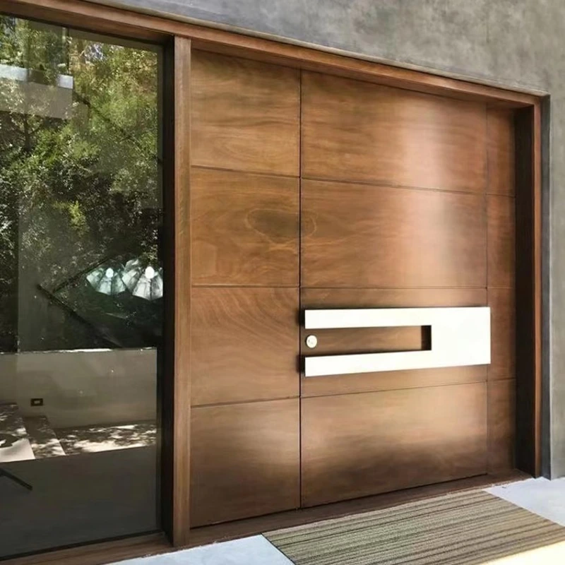 Modern pivot wooden door with sleek steel handle