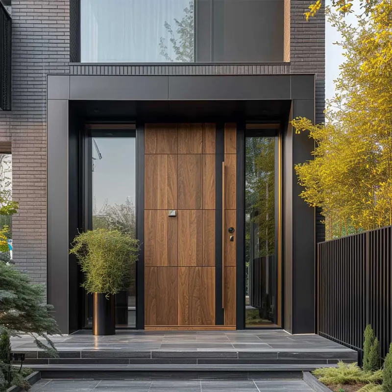 Modern wood front door with black metal frame