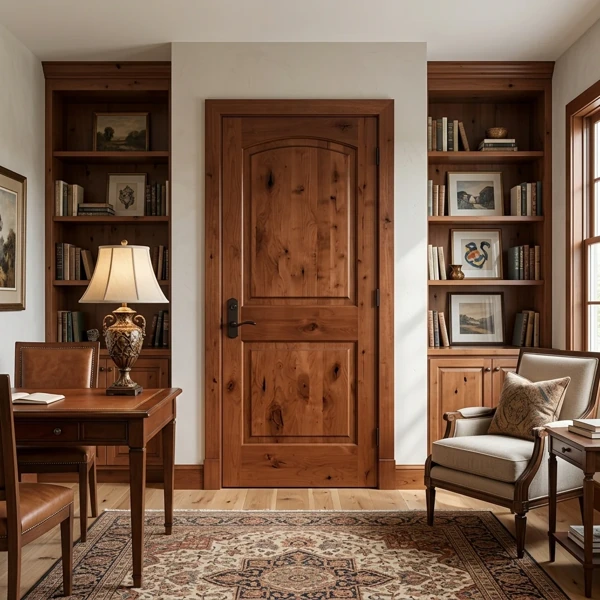 Rich cherry-stained knotty alder arched 2-panel door