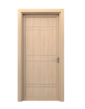 Tan door with five horizontal frosted glass panes