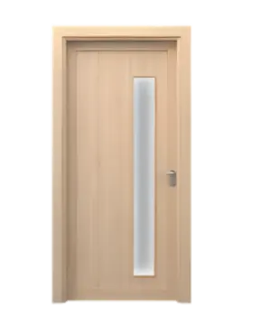 Tan wooden door with a narrow vertical glass panel