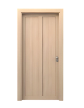 Tan wooden door with small square top glass panel