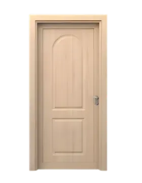Two-panel tan door with arched top detail.