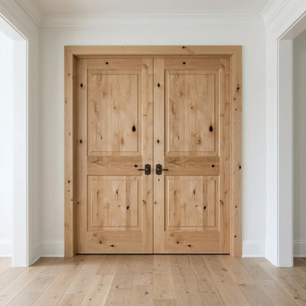 Unfinished knotty alder 2-panel double interior wood doors