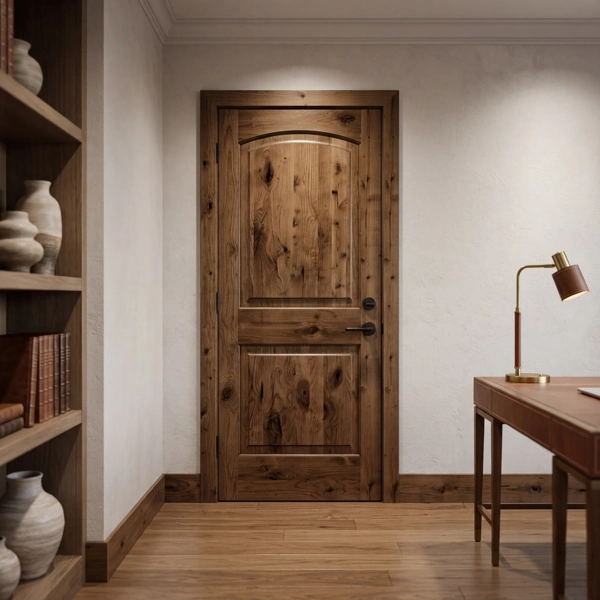 Walnut stained knotty alder arched 2-panel interior door
