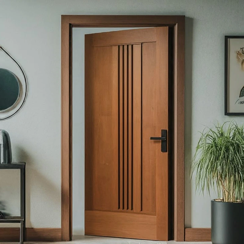 Wooden door with vertical grooves and black handle