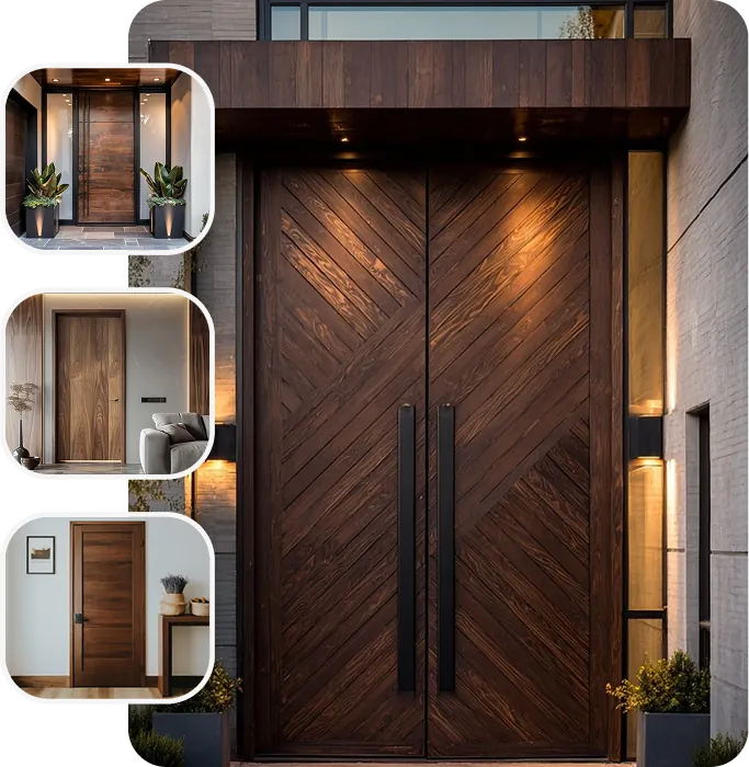 Modern dark wood double doors with diagonal grain pattern.